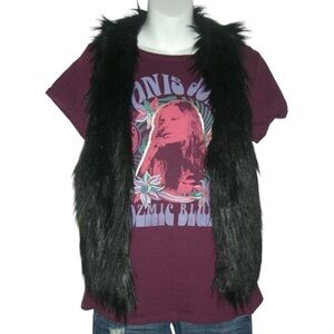 Vintage 90s y2k Wet Seal Vest Black Fuzzy Shaggy Faux Fur Leather Boho egirl ALT